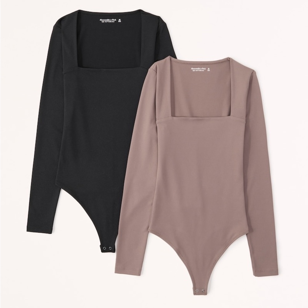 NWT Abercrombie & Fitch 2Long-Sleeve Squareneck Bodysuit / Black & Taupe, Size S
